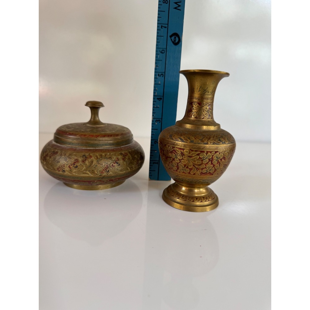 Vintage Etched Brass Vase and Lidded Canister Set Made in India Floral Inlay